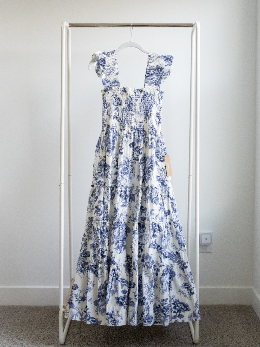 NWT Court Smocked Blue and White Floral Midi Dress - Medium